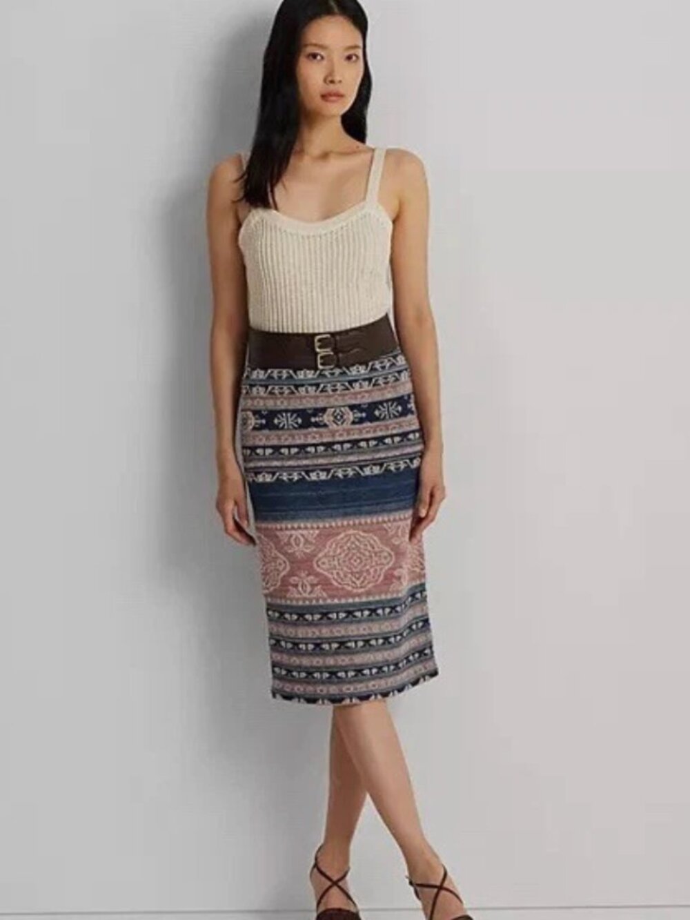 Lauren Ralph Lauren Linen Cotton Geo Pattern Knit Pencil Skirt L